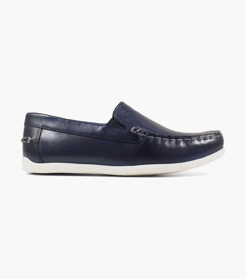 Florsheim Jasper Perf Jr. Boys Moc Toe Venetian Loafer - Navy - Click Image to Close